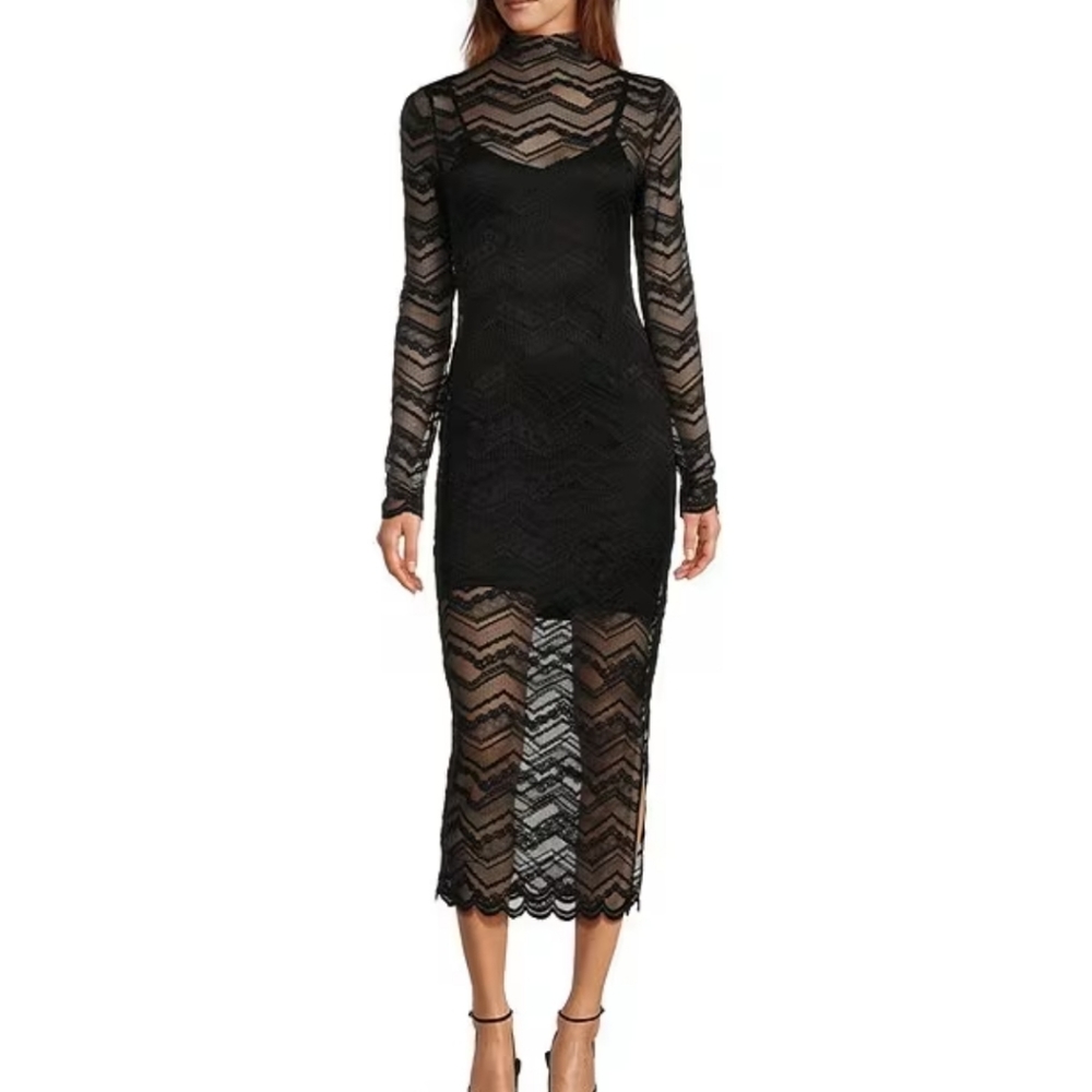 Steve madden Vivienne Lace Turtleneck Long Sleeve Bodycon Maxi Dress